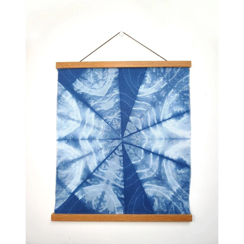 Eight-Pointed Star Indigo Shibori Wall Hanging, Handmade Geometric Textile Art